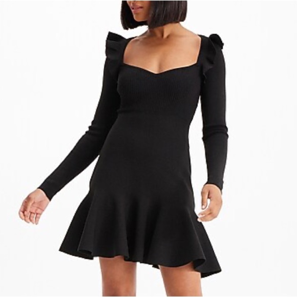 EXPRESS Chic Sweetheart Ruffle Fit and Flare Sweater Black Long Sleeve Dress S